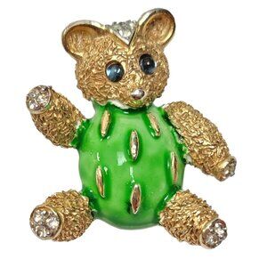 Trifari Crown Over T Green Enamel Textured Clear Rhinestone Hands Feet Teddy Pin